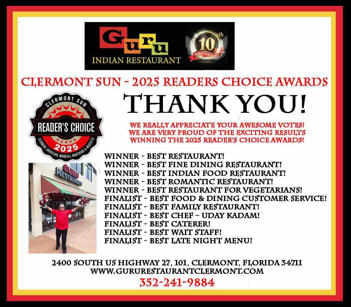 Guru Indian Restaurant Clermont Sun Reader's Choice Award 2025